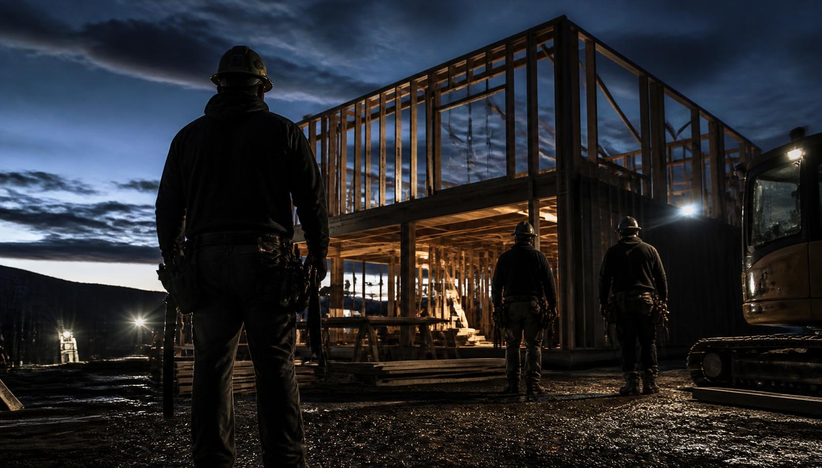 Construction crew framing a new building at dusk under work lights